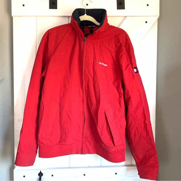 Women’s Red Tommy Hilfiger Zip up Nylon Jacket with Hood Medium - Picture 1 of 9